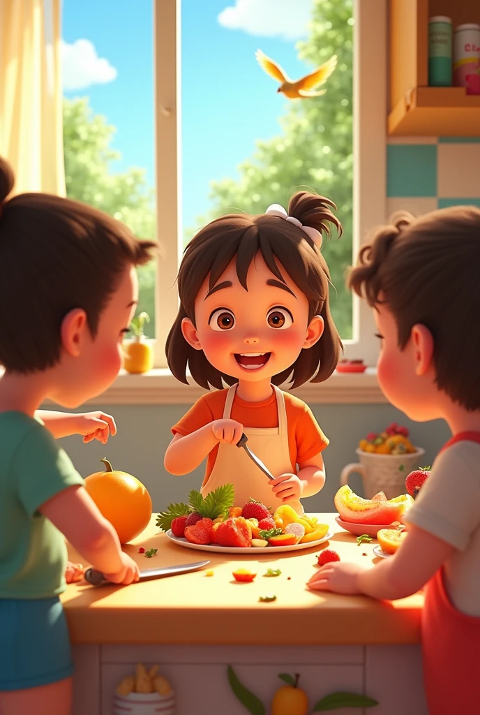 Create an animated image of children cooking a fruit salad that looks good animated for the cover of a children's story