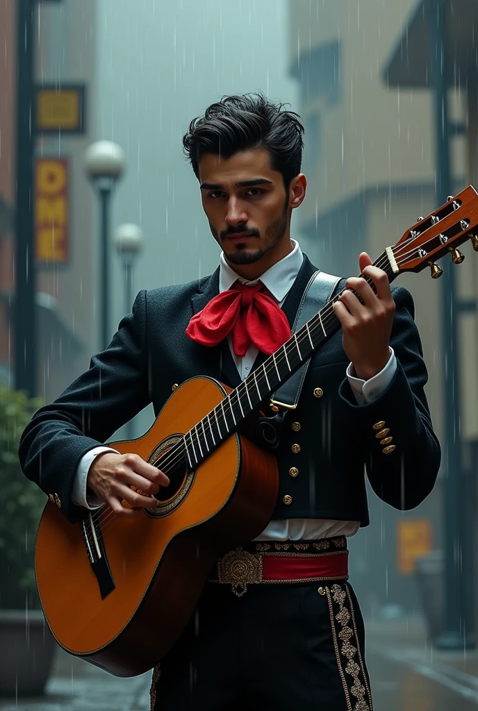 A mariachi dressed in black and red playing the guitar and very sad in the rain, a little younger and getting wet in the rain and a classic hairstyle that does not have a mustache