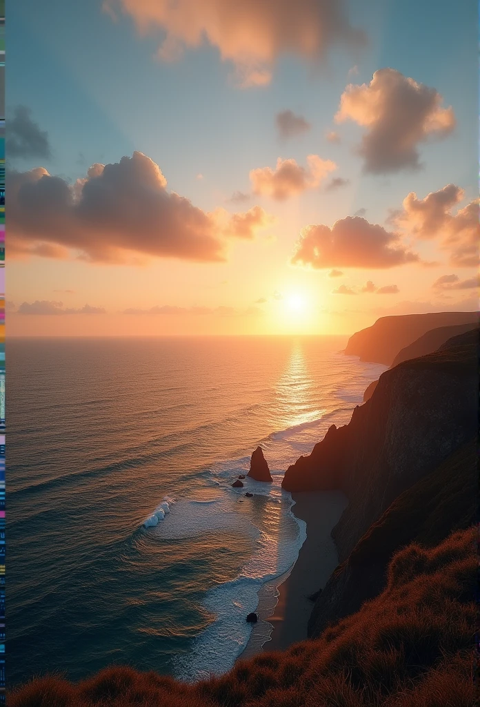 "Imagine a serene coastal scene during the golden hour, where sea and sky merge in a breathtaking embrace. This picture was taken with a Canon EOS R5, Equipped with a 70-200mm F/2.8 lens, to create a high-resolution composition, that captures the vastness of the sea and the sky. Camera settings include a 45-megapixel sensor, The result is an impressive 16K resolution. To ensure optimal quality and minimal noise, An ISO value of 200 has been selected. The shutter speed was set to 1/200s, Freezing the moment in time, while the large aperture of f/2.8 enabled artistic depth of field and improved light capture."