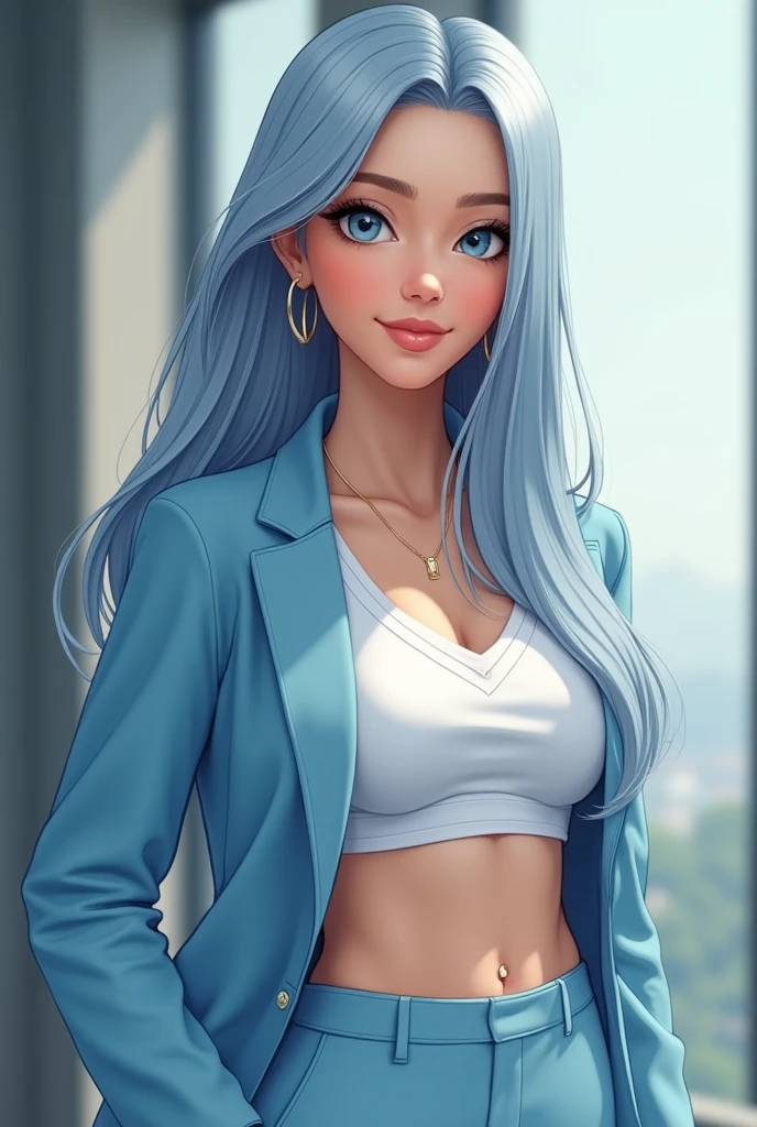 An elegant and athletic woman of average height, around 1.70m tall. She has straight, long hair, in a light blue or silver tone, always well-groomed. His eyes are large and expressive, in a deep shade of blue, and his face has soft, friendly features, with a welcoming smile. He wears casual and stylish clothes, in shades of blue and white, reflecting a calm and modern vibe. His personality is friendly and intelligent, with an air of confidence and independence, but also very affectionate and empathetic. Sally from movie Cars
