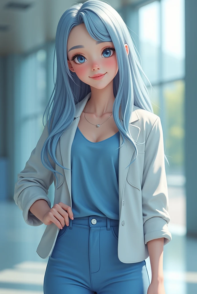An elegant and athletic woman of average height, around 1.70m tall. She has straight, long hair, in a light blue or silver tone, always well-groomed. His eyes are large and expressive, in a deep shade of blue, and his face has soft, friendly features, with a welcoming smile. He wears casual and stylish clothes, in shades of blue and white, reflecting a calm and modern vibe. His personality is friendly and intelligent, with an air of confidence and independence, but also very affectionate and empathetic. Sally from movie Cars