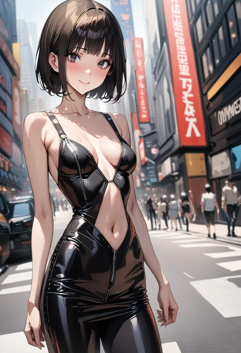 ((masterpiece,best quality anime,Highest quality:1.3)),realistic,cowboy shot,1woman,(30 year old beauty),((very small head:1.4)),((very long body:1.4)),(short bob hair),black hair,(gorgeous big eyes),black eyes,smile,((slender body:1.4,skinny:1.3)),medium breasts(Punk Fashion、Black tank top,navel、Black leather mini skirt),oily skin,gleaming skin,shiny skin,standing,on street,New York City、