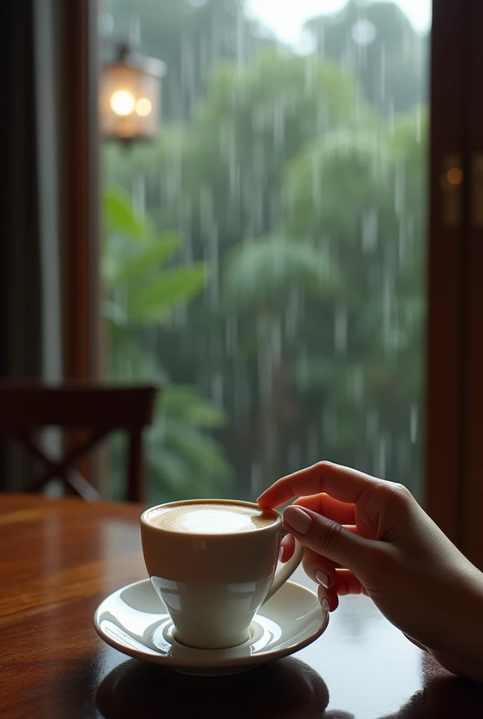 Femme sexy brune dans une grande maison style Bali, on voit juste une main sur un cappuccino dans sa cuisine avec une french manucure, pas de corps ni visage, pluie dehors grande vitre
