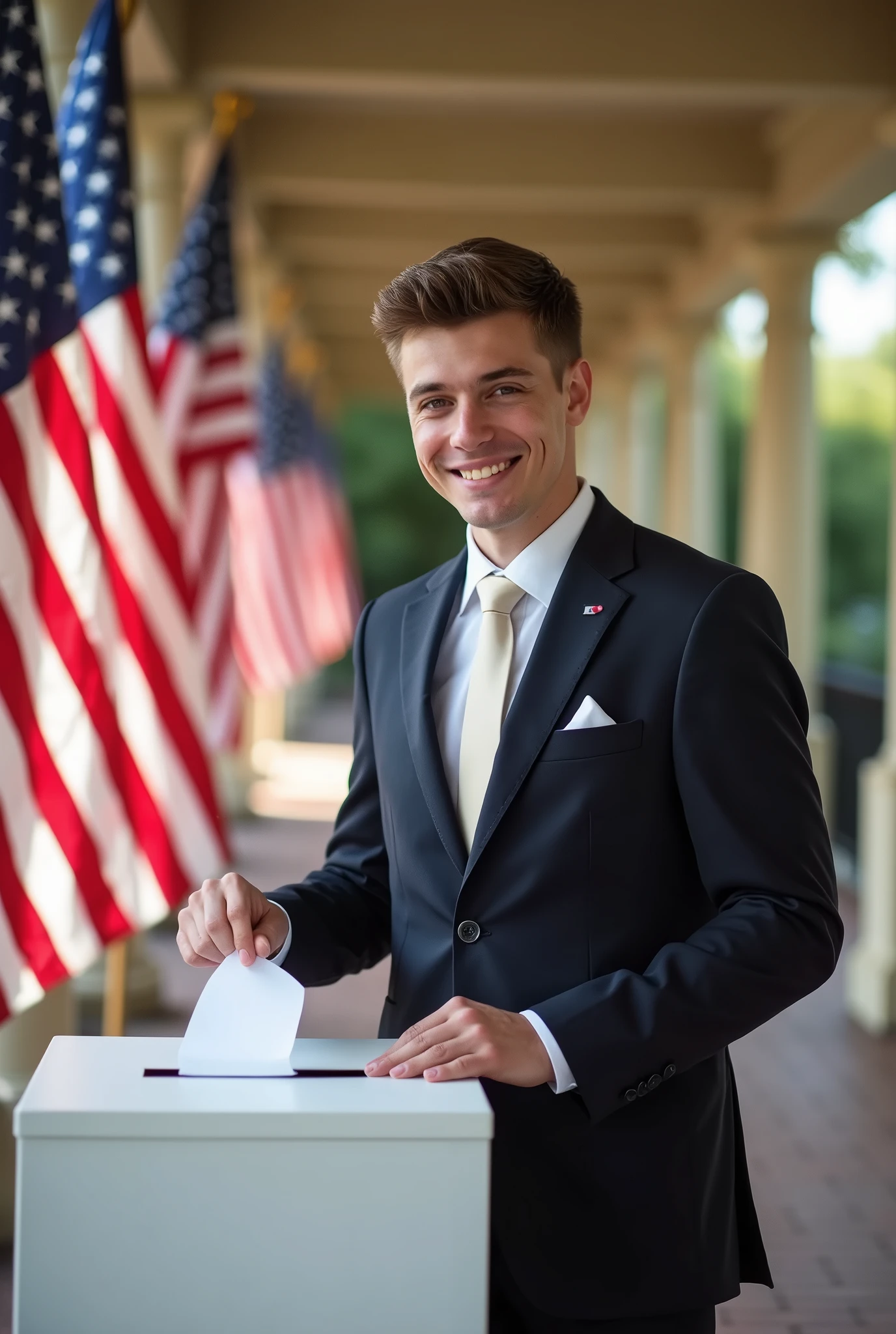long shot photo of a Smiling man at the age of 20 casting his vote for the USA presidential election wearing elegant clothes, American flags, blurred background, natural lighting, stock photography