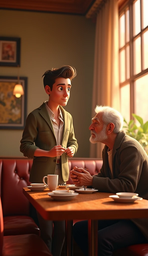 A handsome guy waking with his old father in a restaurant,  pixar style, cinematic, masterpiece, high-aesthetic, portrait 