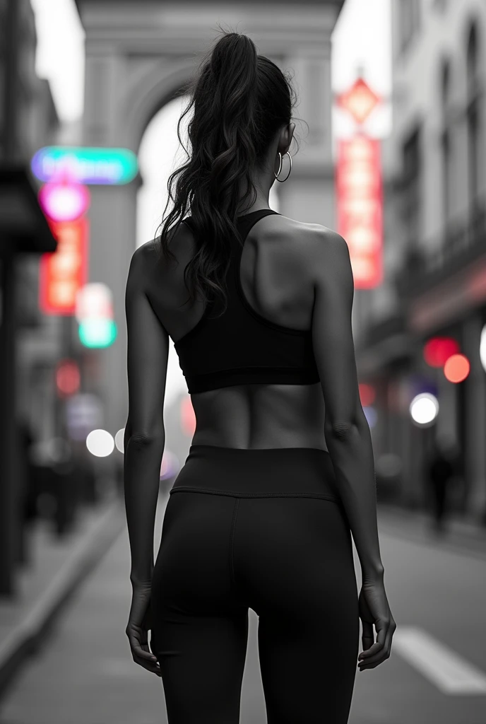 image en noir et blanc, fit woman, in tight pants, seen from behind. Sign in the street, in colors, photorealisme