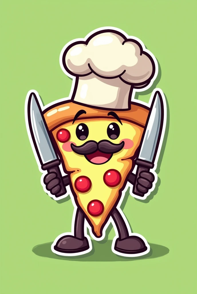 Sticker of a slice of pizza with a mustache and a chef's hat with feet and hands with chef's knives. Green background. What does it say? "feeling "
Cool Happy Not tender Not anime