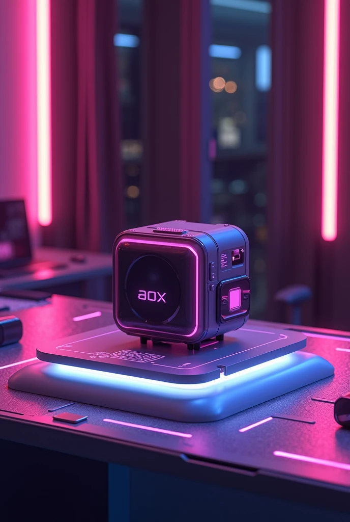 
Create a 3D image of a product displayed in the center of a table, with a spotlight focusing on it. The design should follow the same aesthetic as the previous 3D checklist, using a dark purple and pink color palette with neon elements that evoke a technological era. The table and surrounding environment should include subtle futuristic details, like glowing edges or circuit patterns. The product should be the focal point, with the lighting creating depth and highlighting its features, while the overall scene maintains a sleek, modern look.
