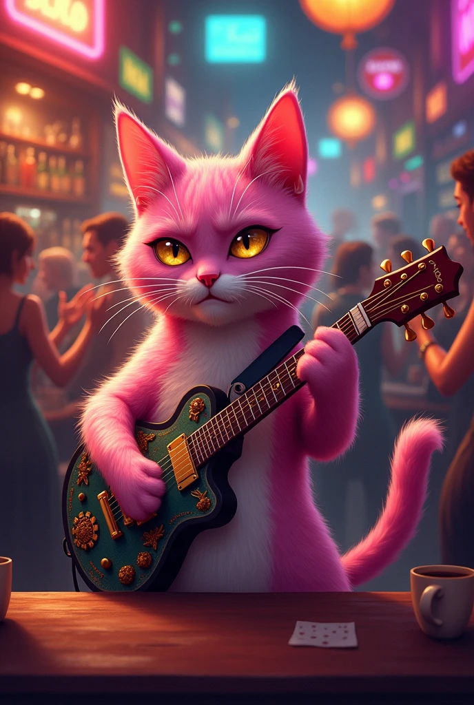Cat with golden eyes pink colour playing guitar in bar in people crowd and people like the cat