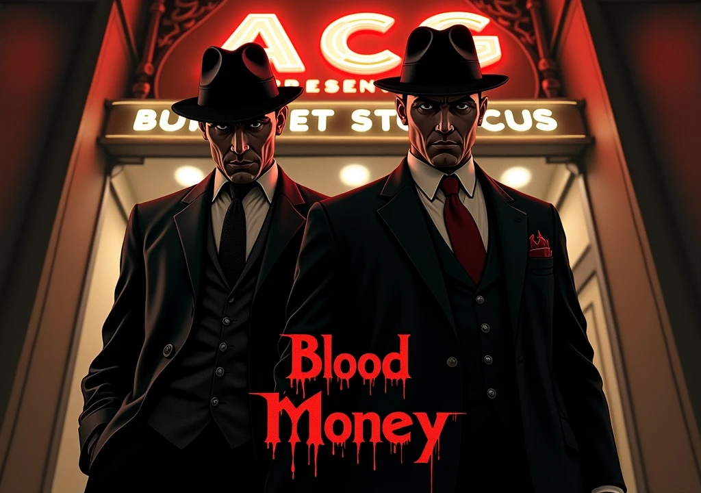 Two 1920s gangsters standing outside an italian restaurant. Restaurant sign says "ACG PRESENTS" add the words " BLOOD MONEY" In bleeding red letters at the center bottom