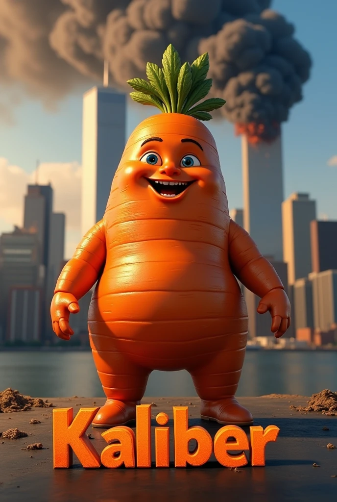 Happy  obese carrot boy, standing in front of 9/11, with the word kaliber under it in orange letters, hyper realism, logo