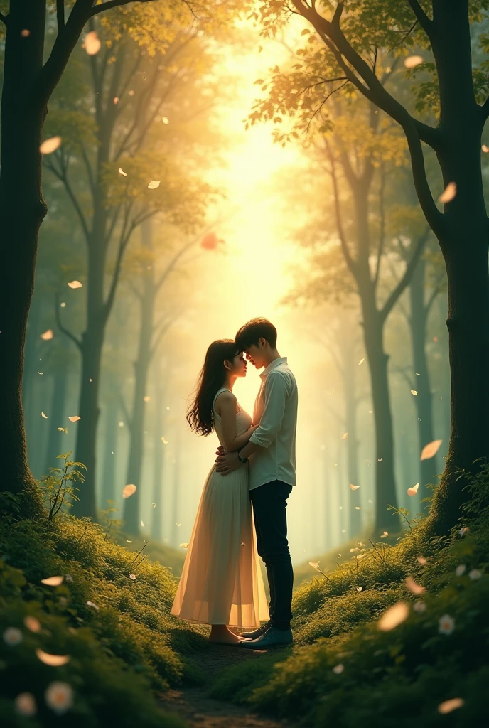 create a cover for a song called reborn to love with a forest background and a Korean couple with their backs turned, write the phrase on the back: Reborn to love