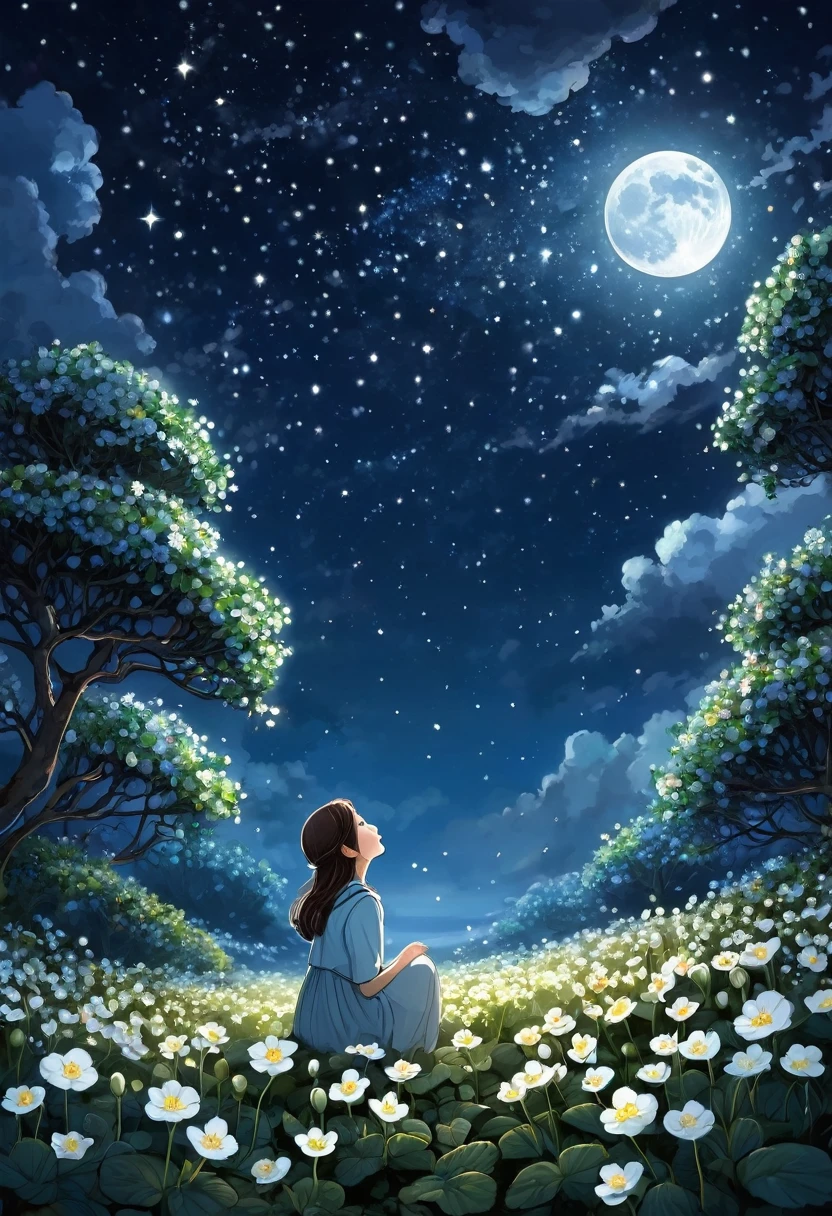 In the moonlight、A girl wearing a crown of evening primroses on her head、Looking up at the night sky。A group of evening primroses surround the girl.、A fantastic space spreads out。An illustration、Dreamy atmosphere