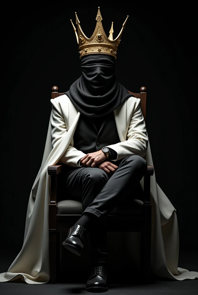 The king has a golden crown, sitting cross-legged on the left leg on a chair with a black-wrapped face dressed in a white coat, with black shoes. black background.
