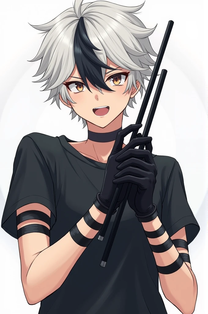 Anime boy with short white hair boy with a black lock wearing a black shirt with elastic bands on his left arm black gloves two black sticks in his hand