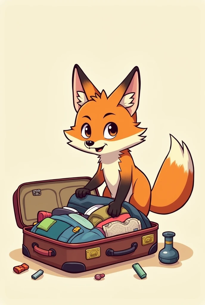 Male young fox as a cartoon character with brown eyes is not wearing any clothes and is packing his suitcase and cannot close it, without background