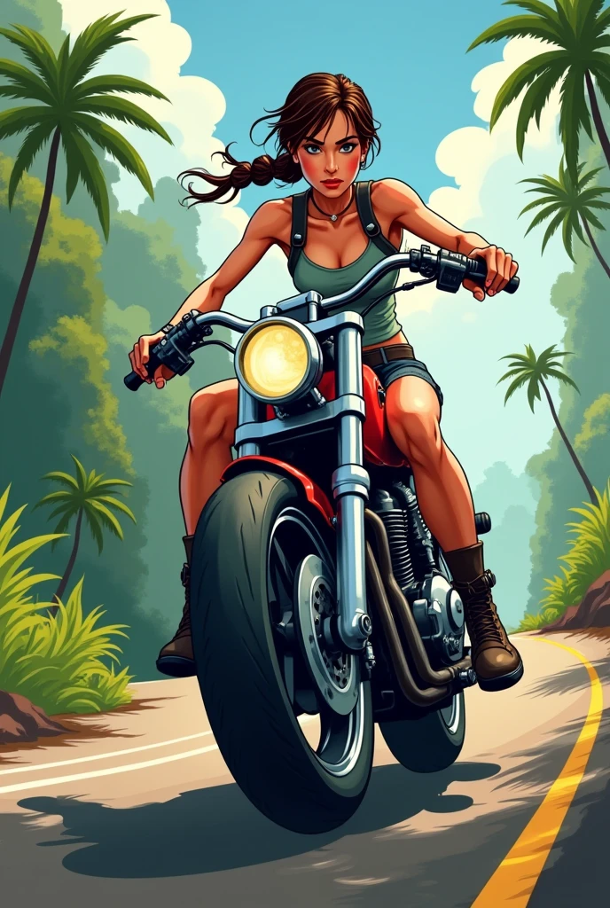 Lara Croft on a motorcycle cartoon style drawn