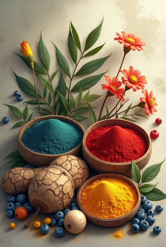 Create a image of ancient nature dye ingredients in one image