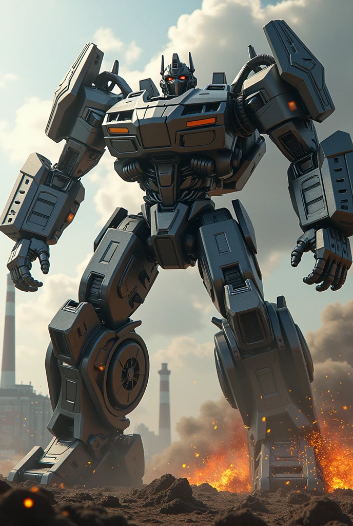 A Giant muscle car transformer in to robot and fighting with giant robotic Eagle 