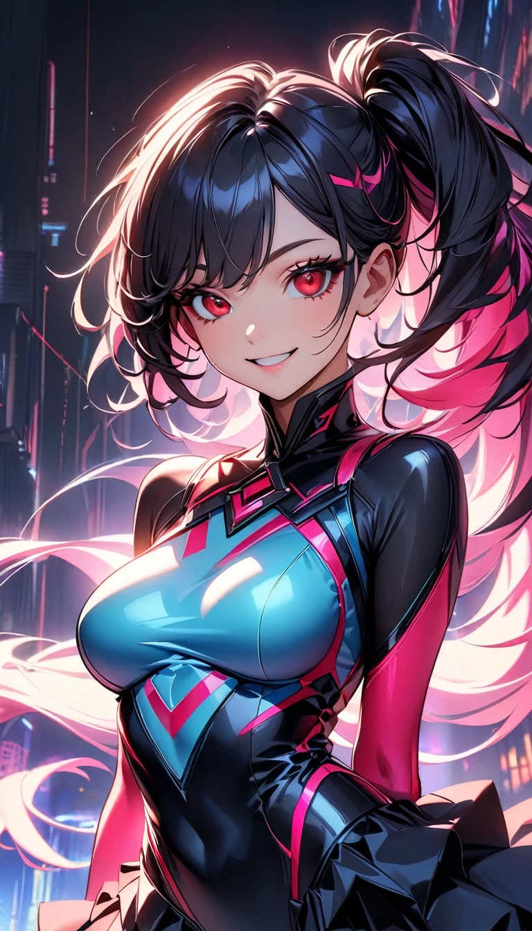 (Highest quality:1.2, Very detailed, up to date, Vibrant, Ultra-high resolution, High Contrast, masterpiece:1.2, Best aesthetics), (((1 person, beautiful girl))), super beautiful, Cyberpunk Style, and young々Beautiful appearance, Futuristic bodysuit with neon accents and glowing circuit patterns, Cybernetic Dress:1.2, Advanced personas created by cutting edge technology companies, The ultimate virtual idol, The concept colors are purple and blue., ((A nasty smile, Beautiful eyelashes, Beautiful red eyes)), Futuristic live stage, Dramatic colors, Chiaroscuro, Bust Shot, Sexy pose.