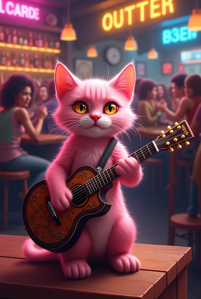 Cat with golden eyes pink colour playing guitar in bar in people crowd and people like the cat
