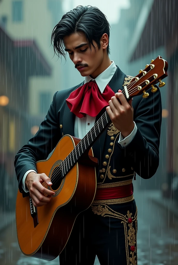 A mariachi dressed in black and red playing the guitar and very sad in the rain, a little younger and getting wet in the rain and a classic hairstyle that does not have a mustache