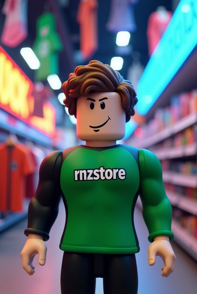 CREATE A ROBLOX CHARACTER WITH A SHIRT THAT SAYS RNZSTORE The shirt is green with black, his hair is curly and he is inside a Robux and clothes store