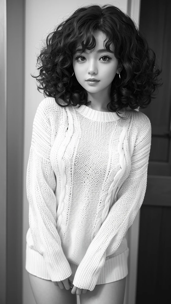Black and White、Curly Hair、Knitted sweater、Bodyline、beautiful girl、Monochrome