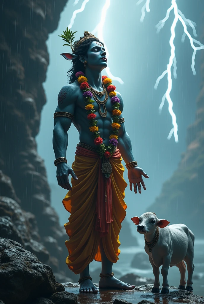 Krishna ji standing on a rock in foggy rainy weathere with lightning striking in the back with doing namaste hand sign ang a cute cow
on the side
eyes closed and head up towards sky and a neckless of flowers in neck
Ans muscular body