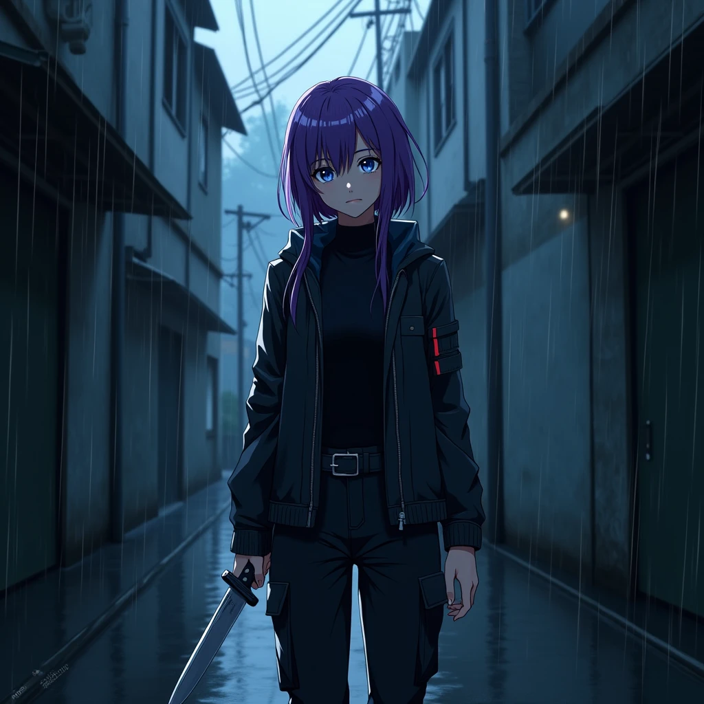 Girl, long violet hair, blue eyes, cool haircut, Black Jacket, Cargo Pants, knife in hand, in empty alleyway, rain, anime