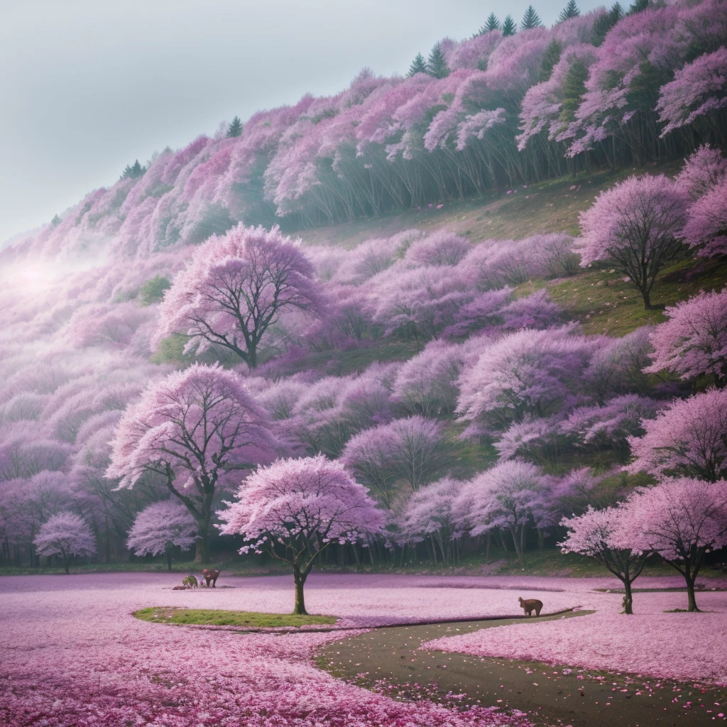 Magical forest full of cherry trees and petals on the ground, a little bit of mist and some little magical animals