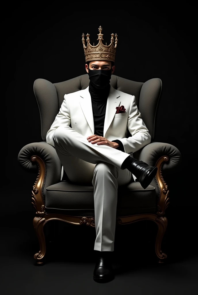 The king has a golden crown, sitting cross-legged on the left leg on a chair with a black-wrapped face dressed in a modern white tuxedo, with black shoes. black background.
