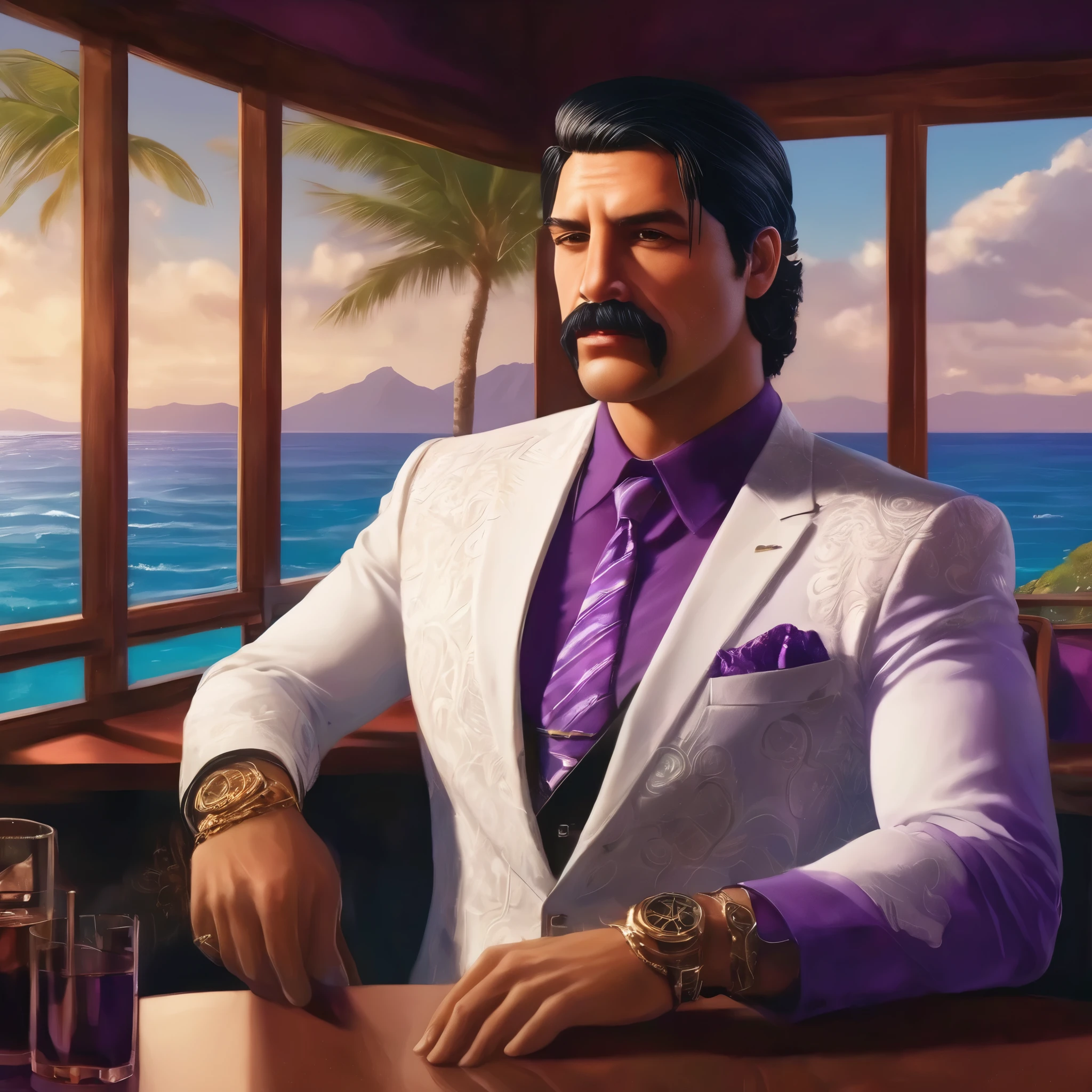 (obra maestra, Mejor calidad:1.2), 1 chico, thenahualli, serious, dangerous man, elegant, elegante, he is a gangster, white suit, purple shirt, sit, luxury restaurant, views of the sea in background, big windows, indoor, Hawaii, (((realistic, detailed, photorealistic)))