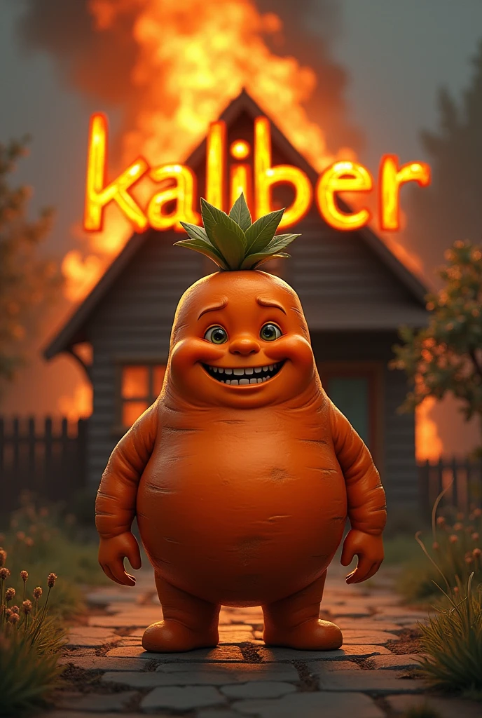 Happy little obese carrot boy, standing in front of a burning house, with the word kaliber under it in orange letters, hyper realism, logo