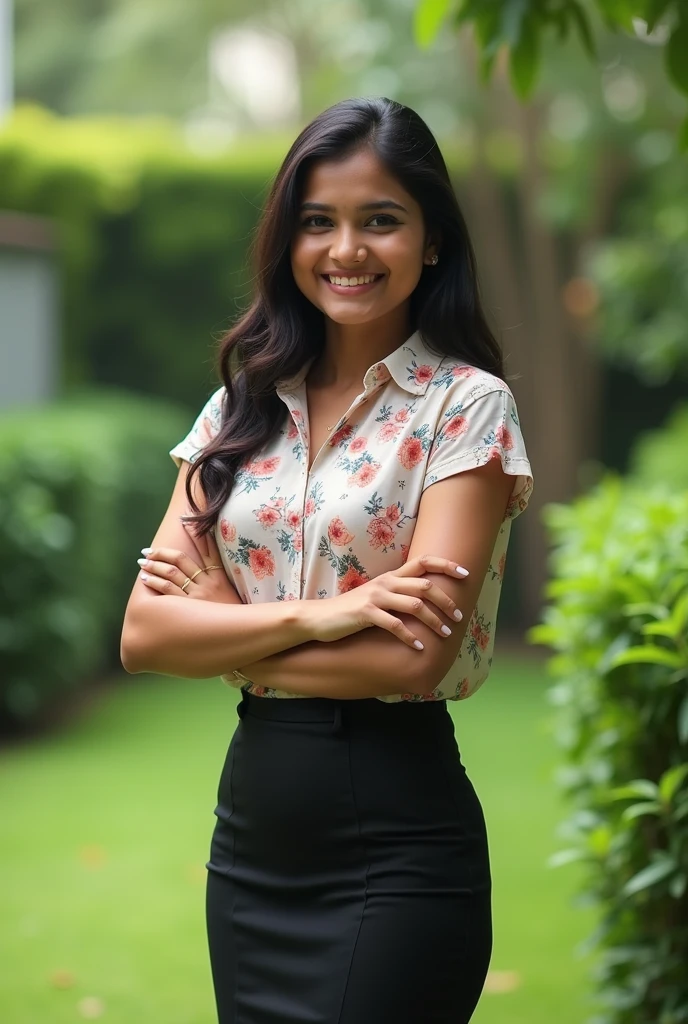 25yr old indian girl in the office garden, Slim short-sleeved floral design long shirt, collared T-shirt, Matte black short pencil short skirt , HDR, 8k , look at viewer, hyperdetailed, best quality, ultra-high resolution, HDR, 8k, perfect body with curves, big breasts, big smile, (high quality detailing:1.6 face eyes nose ears lips curves skin body parts), 8k, having perfect body, walking on the lawn, , look at viewer