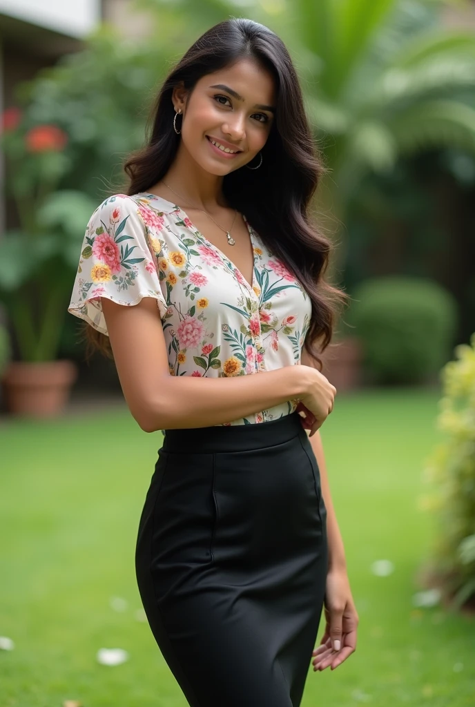 25yr old indian girl in the office garden, Slim short-sleeved floral design long shirt, collared T-shirt, Matte black short pencil short skirt , HDR, 8k , look at viewer, hyperdetailed, best quality, ultra-high resolution, HDR, 8k, perfect body with curves, big breasts, big smile, (high quality detailing:1.6 face eyes nose ears lips curves skin body parts), 8k, having perfect body, walking on the lawn, , look at viewer