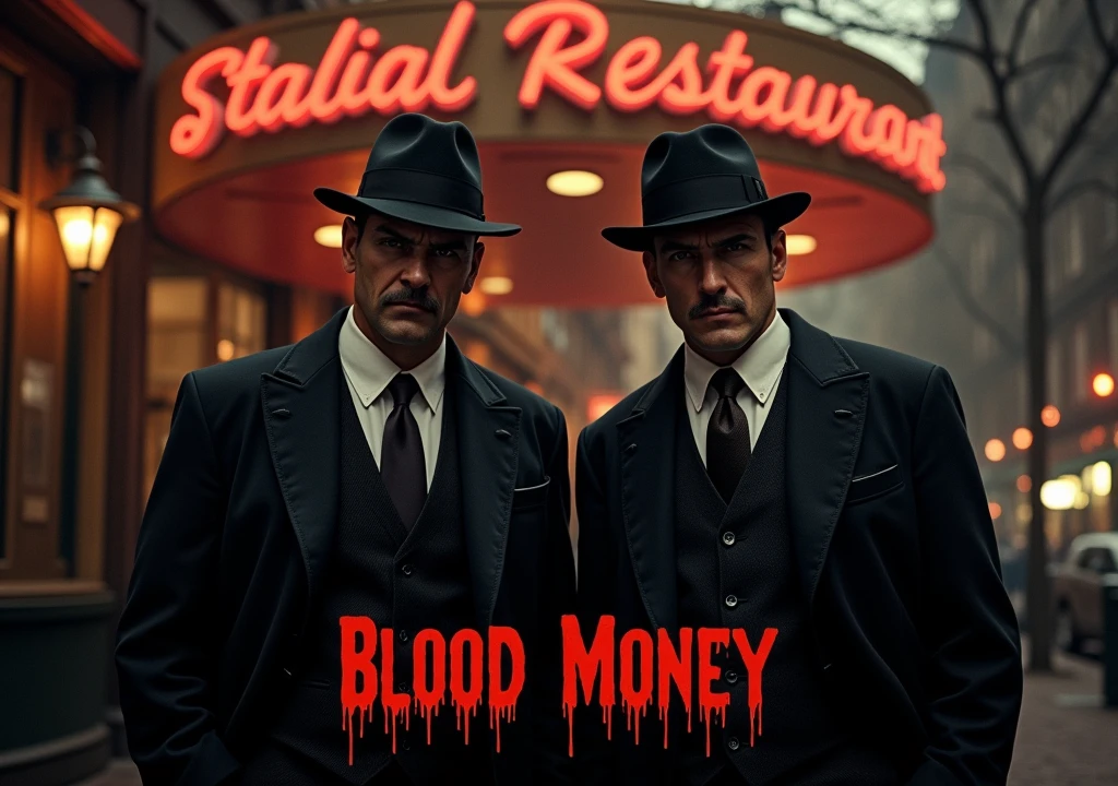 Two 1920s gangsters standing outside an italian restaurant. Restaurant sign says "ACG PRESENTS"  add the words " BLOOD MONEY" In bleeding red letters at the center bottom