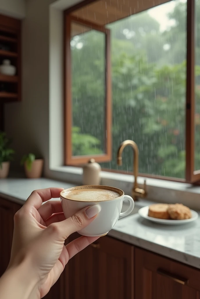 grande maison style Bali, on voit juste une main sur un cappuccino dans sa cuisine avec des longs ongles ovales une french manucure blanche, pas de corps ni visage, pluie dehors grande vitre