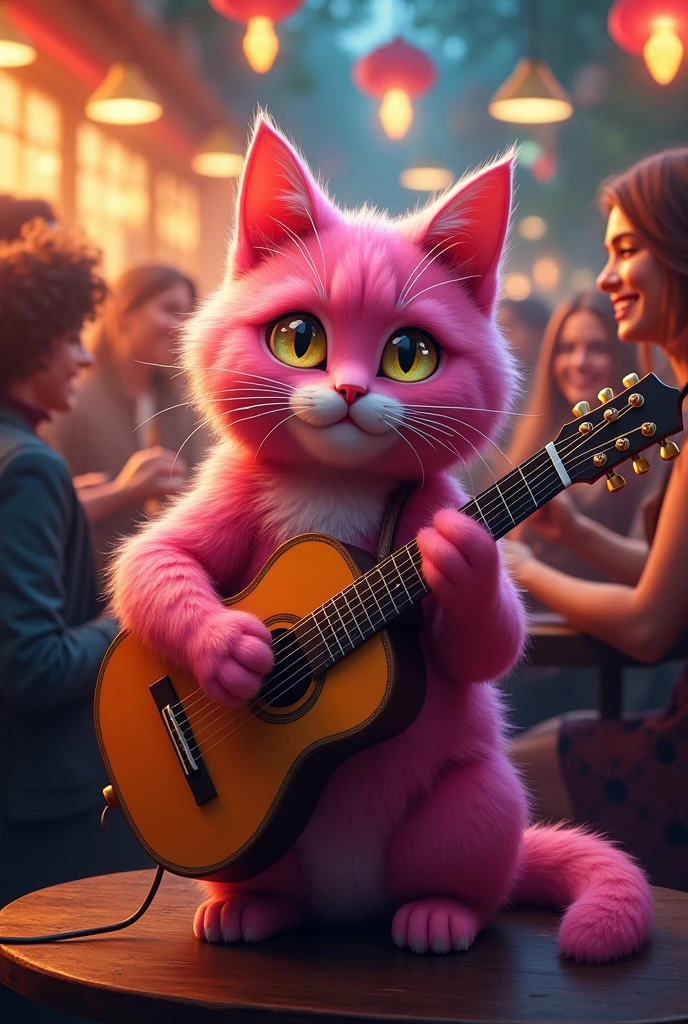Cat with golden eyes pink colour playing guitar in bar towards people crowd and people like the cat