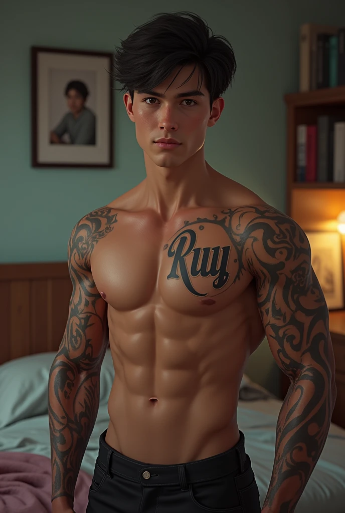 Young male character design light skin muscular tatto with name “ruy” AI realistic background bedroom