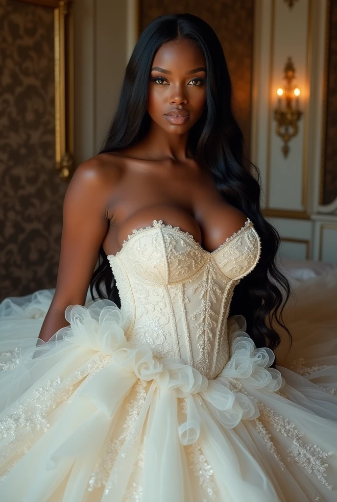 full body huge breasts, (masterpiece), best quality, expressive eyes, perfect face, curvy busty DD cup voluptuous African model, long straight hair, bustier, detailed interior of castle gigantic breasts, white princess dress