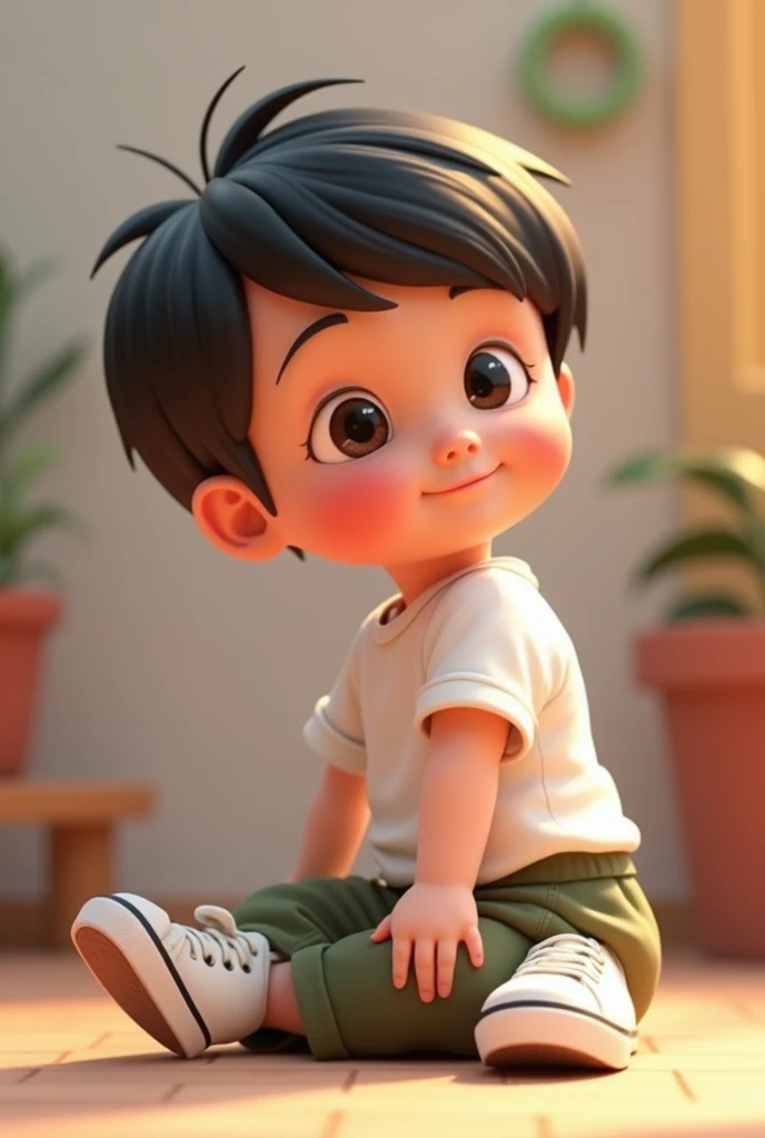 Image of a baby sitting sideways short black hair small black spot on the cheek white shirt military green pants white All Star pixar 3D