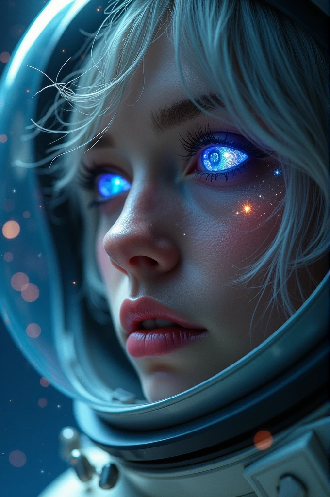 (Close-up of a better masterpiece:1.5)0.9], (Space and astronauts:1.2) (Messy silver hair:1.1) (Heterochromia xanthochromia and blue eyes:1.2) (Space Helmet:1.0) (Colored stars in the eyes:1.0) (A radiant glow:1.1) (thick lips:0.9)