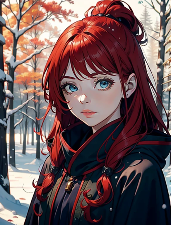 A tributary woman with red hair and a cloak in a snowy forest, Goddess of red hair, Beautiful red-haired woman, Red-haired woman, Winter goddess, Fictional woman, Carol behind UHD, Portrait of a beautiful woman, With curly red hair, Red-haired woman, Beautiful beautiful woman, With long red hair, Blue and red tones, Winter Queen, amazing beauty