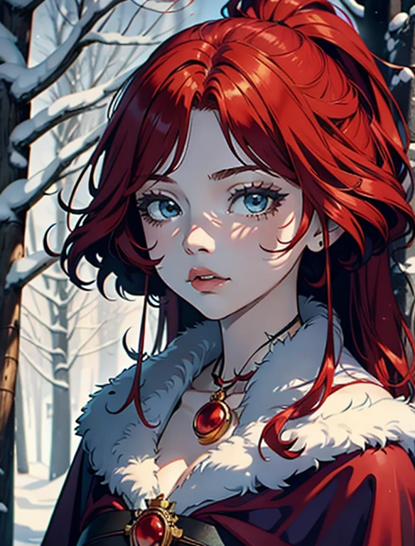 A tributary woman with red hair and a cloak in a snowy forest, Goddess of red hair, Beautiful red-haired woman, Red-haired woman, Winter goddess, Fictional woman, Carol behind UHD, Portrait of a beautiful woman, With curly red hair, Red-haired woman, Beautiful beautiful woman, With long red hair, Blue and red tones, Winter Queen, amazing beauty