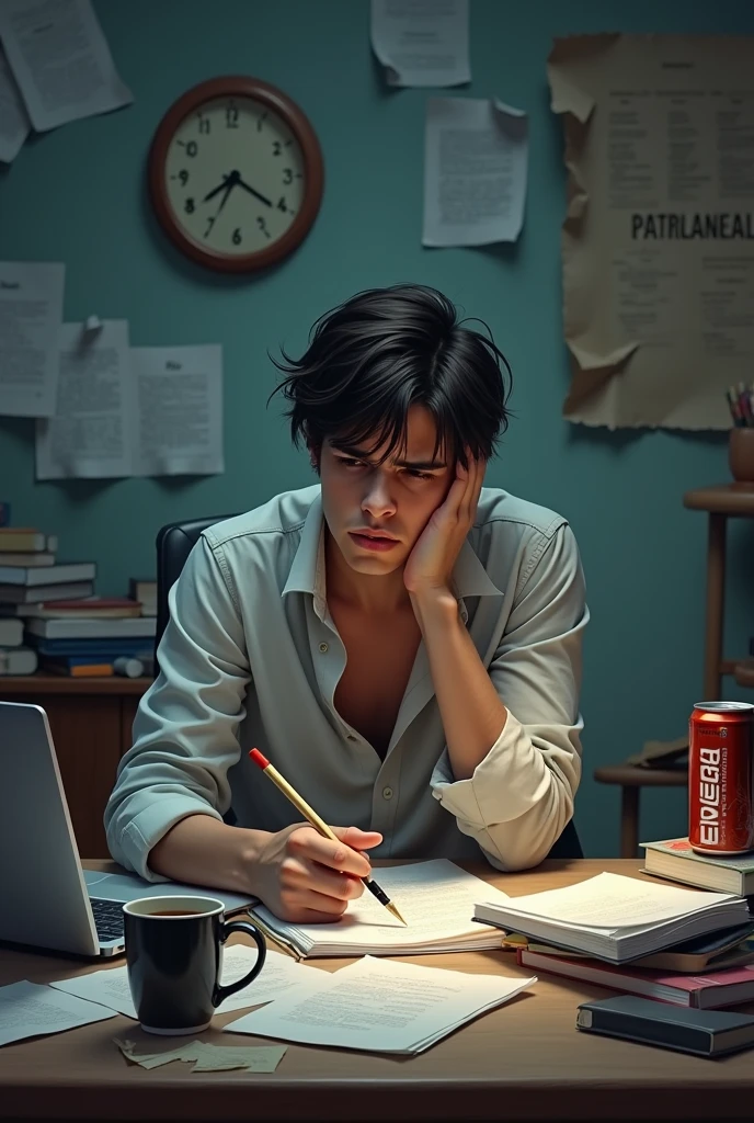 A realistic image of a man with a lazy expression, with overdue college work. Elements like clock, calendar, graphics. the idea of time running out. the scene refers to the idea of procrastination. 
