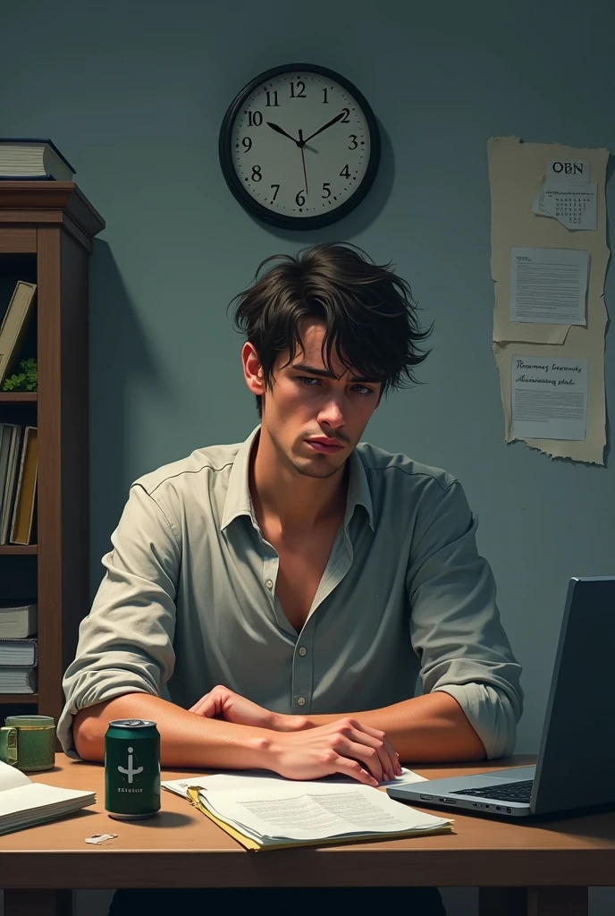 A realistic image of a man with a lazy expression, with overdue college work. Elements like clock, calendar, graphics. the idea of time running out. the scene refers to the idea of procrastination. 
