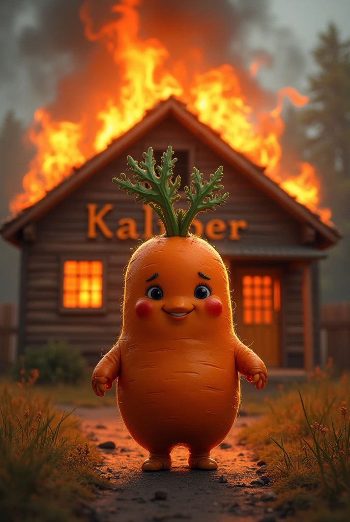 Happy little obese carrot boy, standing in front of a burning house, with the word kaliber under it in orange letters, hyper realism, logo