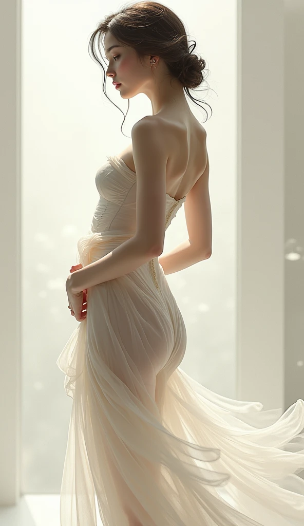 In the photo you can see a female figure, shrouded in airiness and grace. The silhouette features are accentuated by curves and lines that create harmony and elegance. Every detail is delicately expressed, drawing the eye and arousing interest. The image can be bold and sexy, but it is important to remember that each person perceives and interprets such images differently.