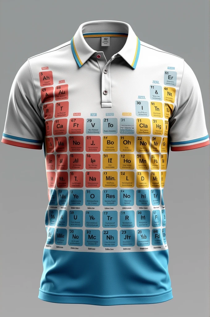 Make me a polo shirt for a sports event that is for both men and women inspired by the periodic table since it will be used by chemistry teachers.